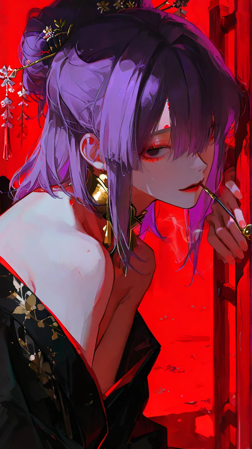 male,purple hair,medium hair,hairstyle with the top half of the hair in a bun,ornate hairpin,gazing at us through a high red wooden fence,thick high red wooden fence,handsome,kimono of a courtesan,the collar of the kimono falls down and the shoulders are e...