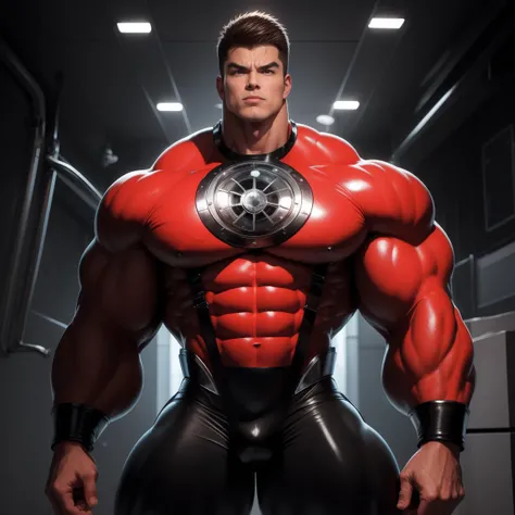 full body view, Super sweaty muscular man,  Open mouth hypnotized stare，mindless stare, Buzz Cut，Starship Enterprise Transporter Room background, torn red and black collar tights, hyper bulging jockstrap, exposed sweaty skin, tearing out of his tights, swe...