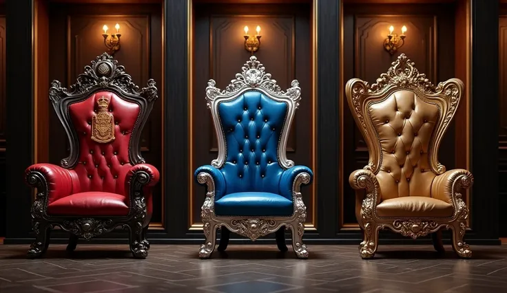 Create an image featuring three luxurious and ornately designed thrones, each placed within a rectangular frame, arranged in a row.

The leftmost throne is deep red with a grand, regal design. It has a high, tufted leather backrest adorned with intricate g...