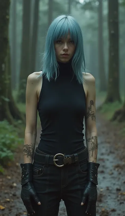 Full-length in a muddy dark forest
(Slender 18 year old boy with light blue long hair (short bangs on the front and two strands of hair up to the chin) with feminine features in a black sleeveless high-neck fitted tank top, black loose pants with large poc...