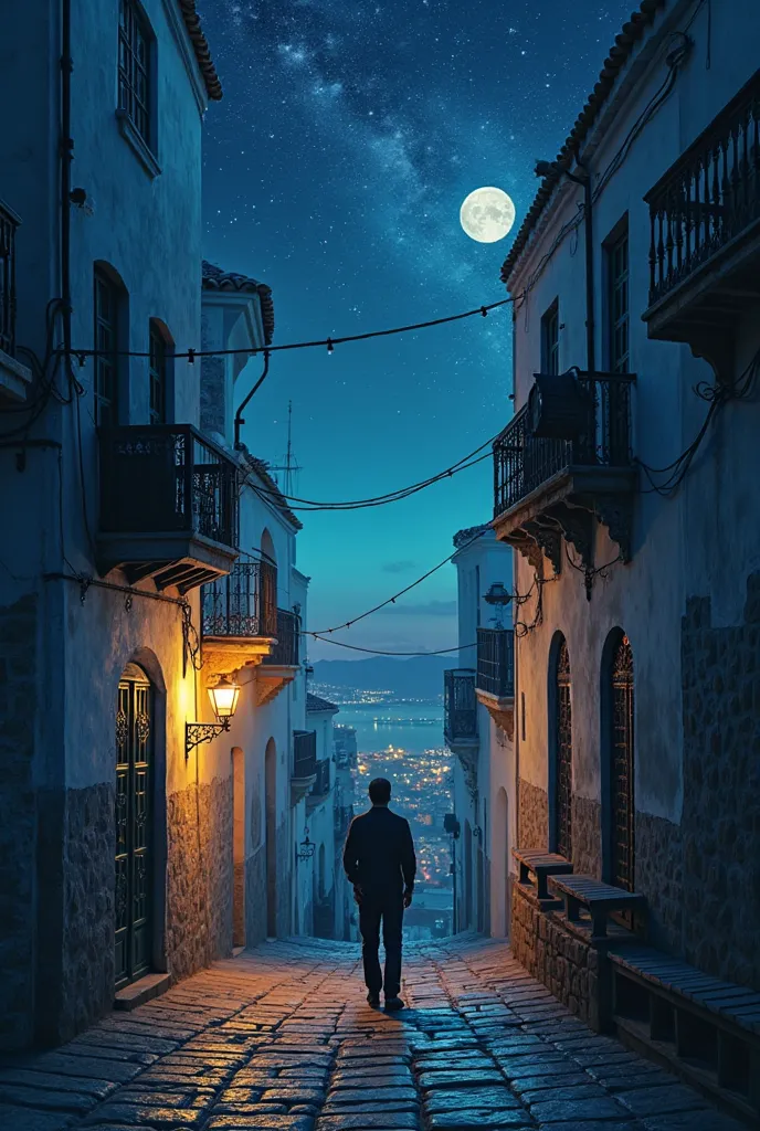 An image of the city of Tangier at night with stars and a man at the "Nafar" Ymshi Fin Alkraïk