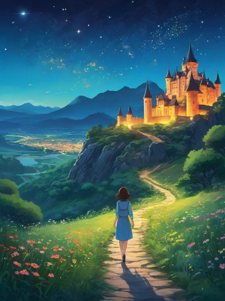 anime-style illustration, A serene landscape featuring a young woman is walking along a path The grassland, litle glowing flowers, fireflies, magical glow, overlooking mountainous valley and the great castle of the kingdom, stron clear blue sky, few stars....