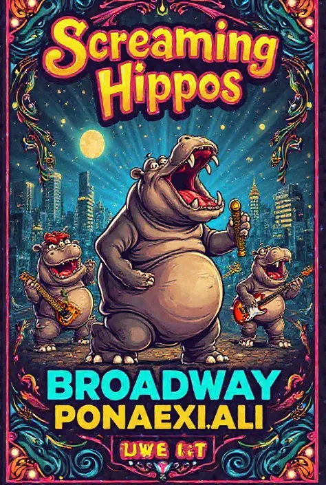 Draw us a concert poster The name of the musical group " Screaming Hippos " Place " Broadway Ponaexali"