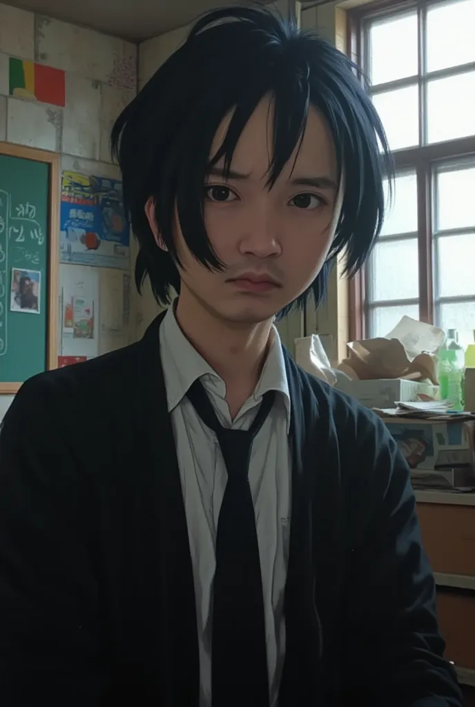 high resolution, rich contrast, best quality, anime style, 1boy  , Alone, (full body) 
BREAK 
High School Student,  male, Transfer Student,  mysterious , cool,  black hair, pale skin, expressionless, with long bangs hiding one eye, Black uniform, loosened ...