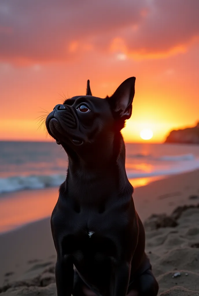 an image which is taken from afar where you can see a black pug dog, Which sticks out his head (That you don't get to see everything) x and that in the background you can see an impressive sunset, That falls into the sea 