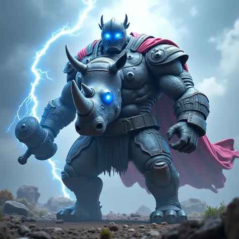 **Thor-Rhino Hybrid:** A terrifying fusion of Thor and a rhinoceros, his Asgardian armor fused with thick, gray rhino skin. His hammer, Mjolnir, crackles with lightning, while a mighty, horned helmet crowns his head. His glowing blue eyes radiate divine po...