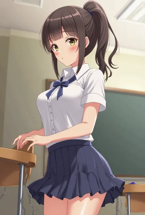  Not suitable for work, schoolgirl in the classroom, ponytail hairstyle, school uniform,  Lying down,  without a skirt,  blushed, 
showing their panties, Three-quarter perspective , ((nipples)), (( open blouse)).