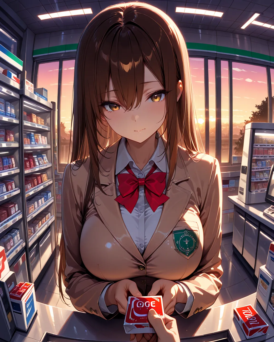 masterpiece, best quality, high quality, highres,

long hair straight hair hair between eyes brown hair, large breasts, cute face,

collared shirt, brown blazer, school uniform, red bow,

indoors, convenience store, counter, Evening, Window, Holding a cond...