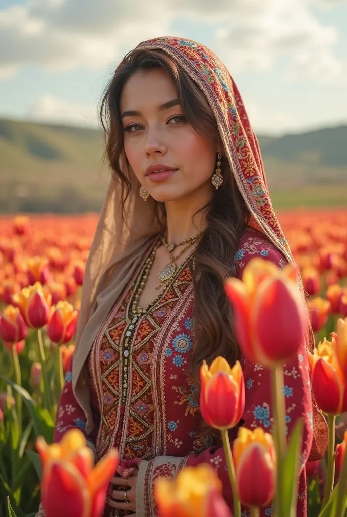 Kazakhstan, Kazakh woman with tulips