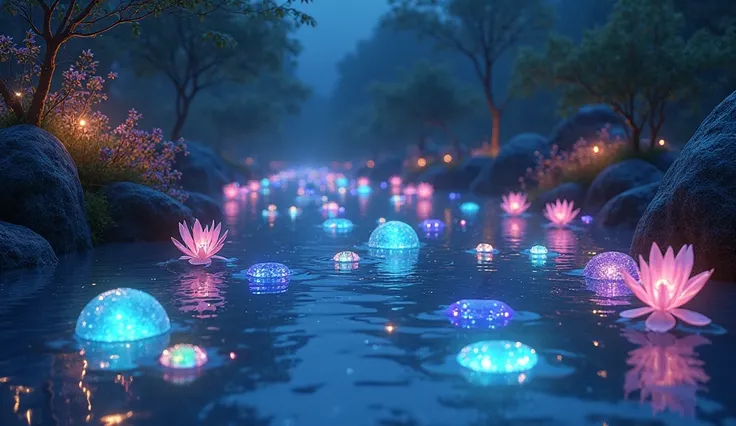 night、The crystal clear water is filled with colorful, sparkling stones.、The flowers are also shining、All I can see are the shiny stones and the shiny flowers in the water、Shining and fantastic