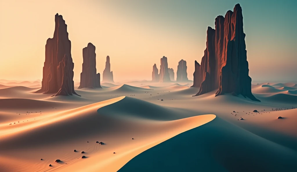 dunes in a desert landscape photography in a fantasy, dreamlike and ultra realistic style, dramatic and cinematic.