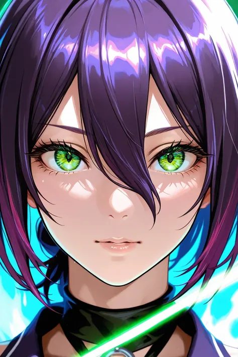 reze \(chainsaw man\), short hair,purple hair,green eyes,hair between eyes,dispersion_effect, HDR_effect, spectra_effect, rainbow_prism, colored_highlights