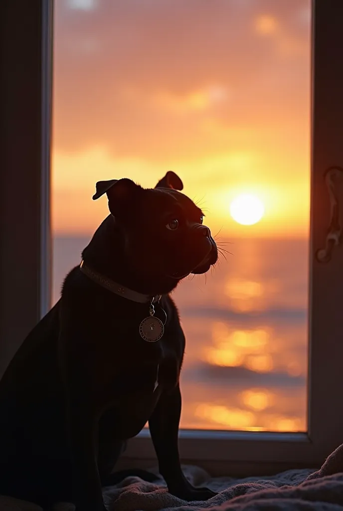 an image which is taken from afar showing a black pug dog, Which sticks out his head (That you don't get to see everything) x the window of a BLACK LIMOUSINE and that in the background you can see an impressive sunset, That falls into the sea 