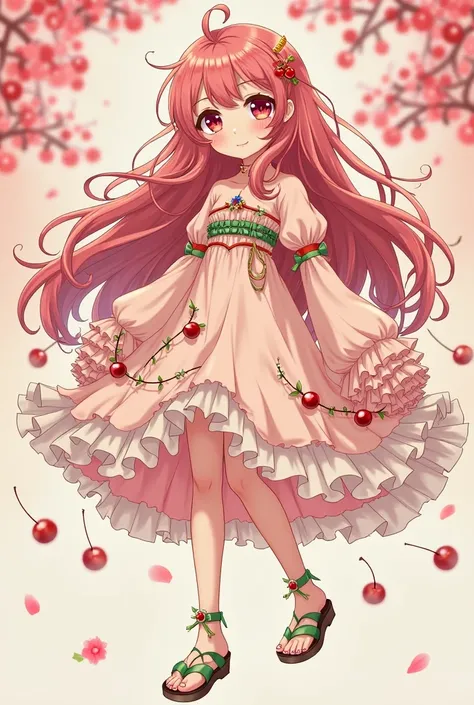 Sakuren is a girl with hair long and wavy in shades of pink and cherry red, decorated with small fruit ornaments. Their large red-amber eyes reflect sweetness, but also a hypnotic mystery. Its peach skin has a slight shine and subtle marks jizas, like drop...