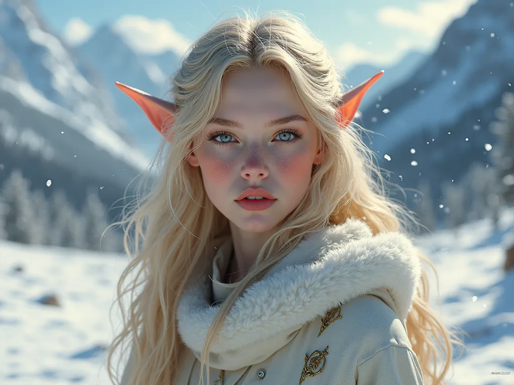 Realism beautiful blonde elf girl in winter with makeup on her face 