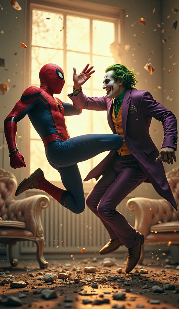 "A high-energy action scene featuring Spider-Man and the Joker in a dramatic battle inside a destroyed room. Spider-Man, wearing his iconic red and blue suit, is mid-air, delivering a powerful spinning kick to the Joker’s face. The Joker, dressed in his si...