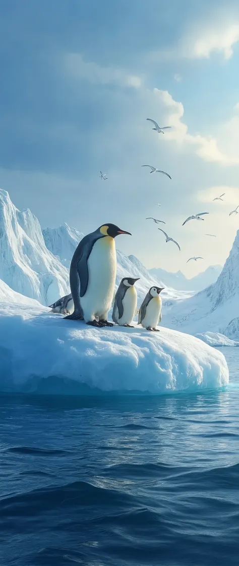 high resolution image、creative images of Antarctica、parents and ren of giant penguins basking in sunlight on Antarctic glaciers、Antarctic waterfowl are also flying、under a dramatic blue sky((masterpiece))、Slightly rough ocean、Windless day、Scenery seen from...