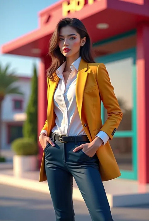 A cinematic arts style image of attractive business woman wearing office formal skintight shirt tucked in skintight pants and black buckle belt and black suit, open jacket, unbuttoned suit, standing in front of her hotel 