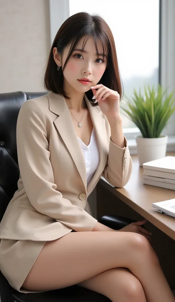 Erotic Beautiful female office worker 、(((full body:1.8)))、世界一セクシーな日本の美人秘書のfull body、((she's sitting on a chair))、((Cross your legs sexy))、((Rest your chin on one hand:1.8))、Sexy age Beautiful Secretary、long legsを強調、(((Perfect beautiful legs)))、(((long leg...