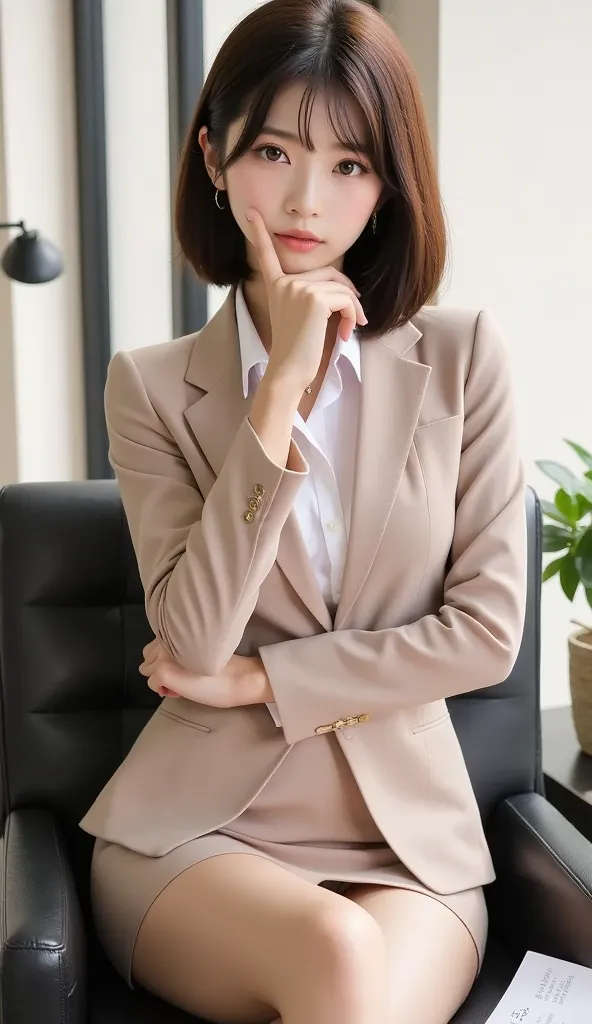 Erotic Beautiful female office worker 、(((full body:1.8)))、世界一セクシーな日本の美人秘書のfull body、((she's sitting on a chair))、((Cross your legs sexy))、((Rest your chin on one hand:1.8))、Sexy age Beautiful Secretary、long legsを強調、(((Perfect beautiful legs)))、(((long leg...