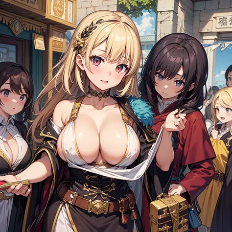 High quality, super detailed, best quality, highly detailed, beautiful, masterpiece, group of girls, harem, cleavage, outfit with slits, adventurer, fantasy, perfect anatomy, detailed outfit, detailed decoration, pouch, robe, cloak, belt, big boobs, side b...