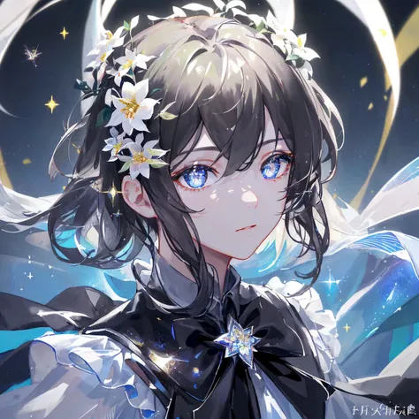  1 Boy's Masterpiece 、Best Quality、shape、Black Diamond Eyes and Hair 、cool、(moving lighting:1.2)、cinematic lighting、Delicate features、 fine eyes、 sharp pupils、Realistic student、written boundary depth、Bokeh、sharp focus、(very detailed、flower、Sparkle:1.4)