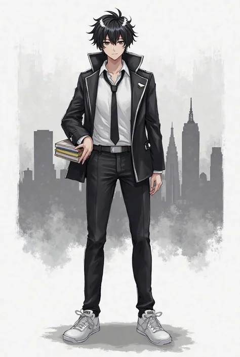 
Your character will have:
- **Messy black hair with white accessories.**
- **Big black eyes full of energy and determination.**
- **An open black jacket over a white shirt with a loose black tie.**
- **Black pants and shiny white shoes.**
- **A stack of b...