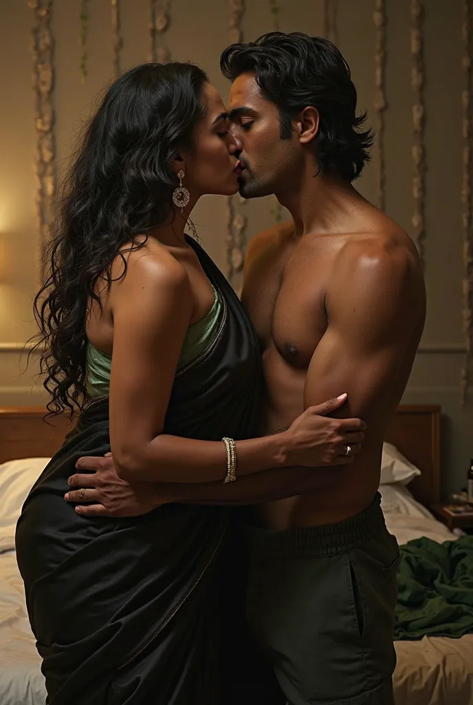 a very short in hight 40 year old tall giant wide ass , beautiful chubby fat indian women wearing shining fully transparent black silk saree and green silk blouse,Crazy Black Hair,Wet Hair,,her Friend Bed messed up, laying on Bed and Kissing Sensually with...