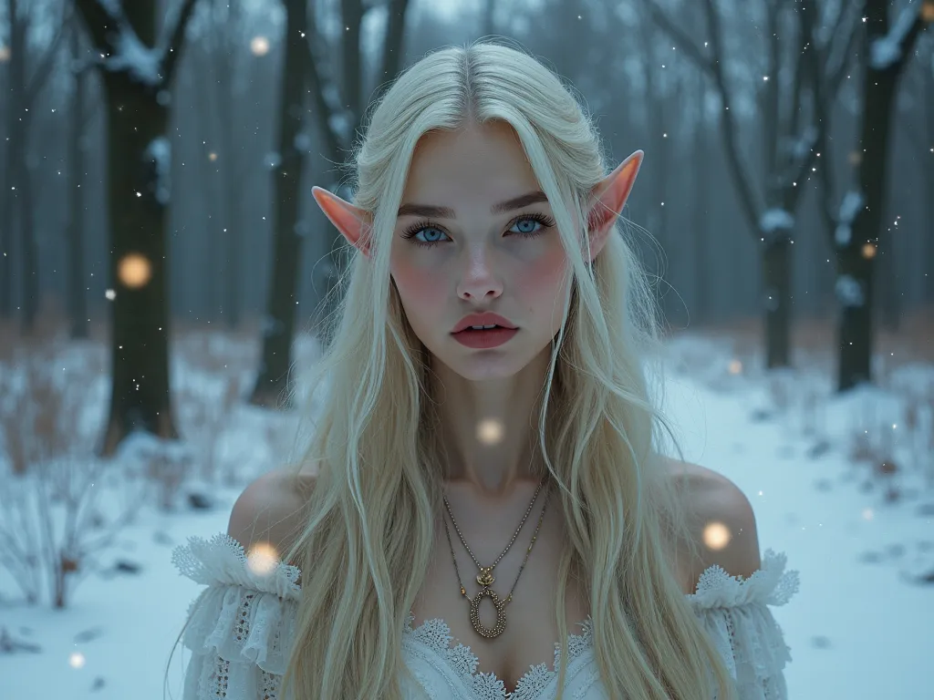 Realism beautiful blonde elf girl in winter with makeup on her face at night