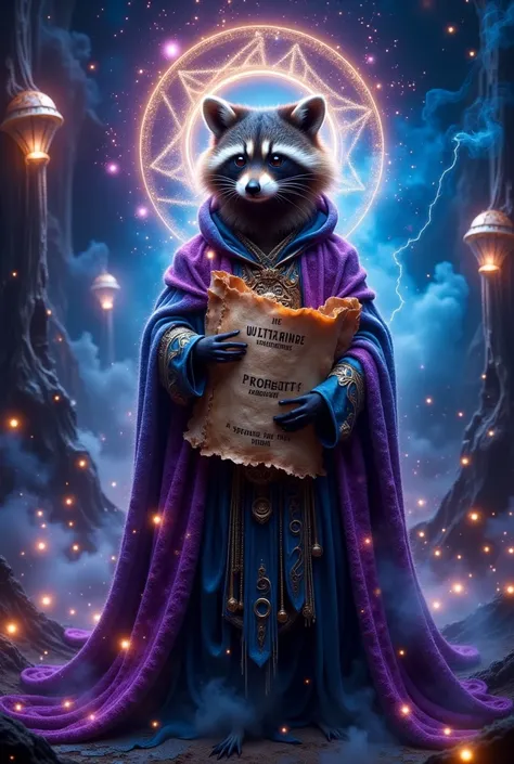 cyber prophet raccoon、It's twinkling like stardust。deep purple 、 neon blue、letters glow mysteriously while showing different meanings depending on changes in perspective、their fabric shines like a flowing、emitting divine power。a golden halo floats above th...