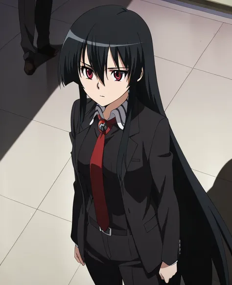 Akame, red_eyes, black_hair, very_long_hair, hair_between_eyes, medium_breasts, suit, jacket, shirt, pants, necktie,anime, screencap, anime coloring,(masterpiece),(best quality),(ultra-detailed),(best illustration),(best shadow),(absurdres),(detailed backg...