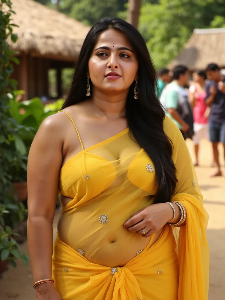 ((best quality)), ((masterpiece)), (detailed), perfect face
 Big body big, yellow bra, yellow Indian dress,  in india village 