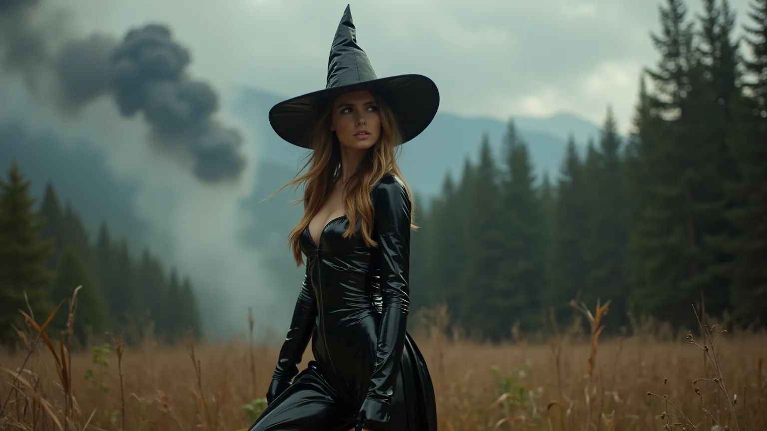      slender attractive sexy 19-year-old female wearing shiny black full-body wet-look latex catsuit.   in style of witch with hat.       in a huge forest clearing.   Giant mushroom clouds of smoke rush  Towards the Sky in the distance.  little wads of  pa...