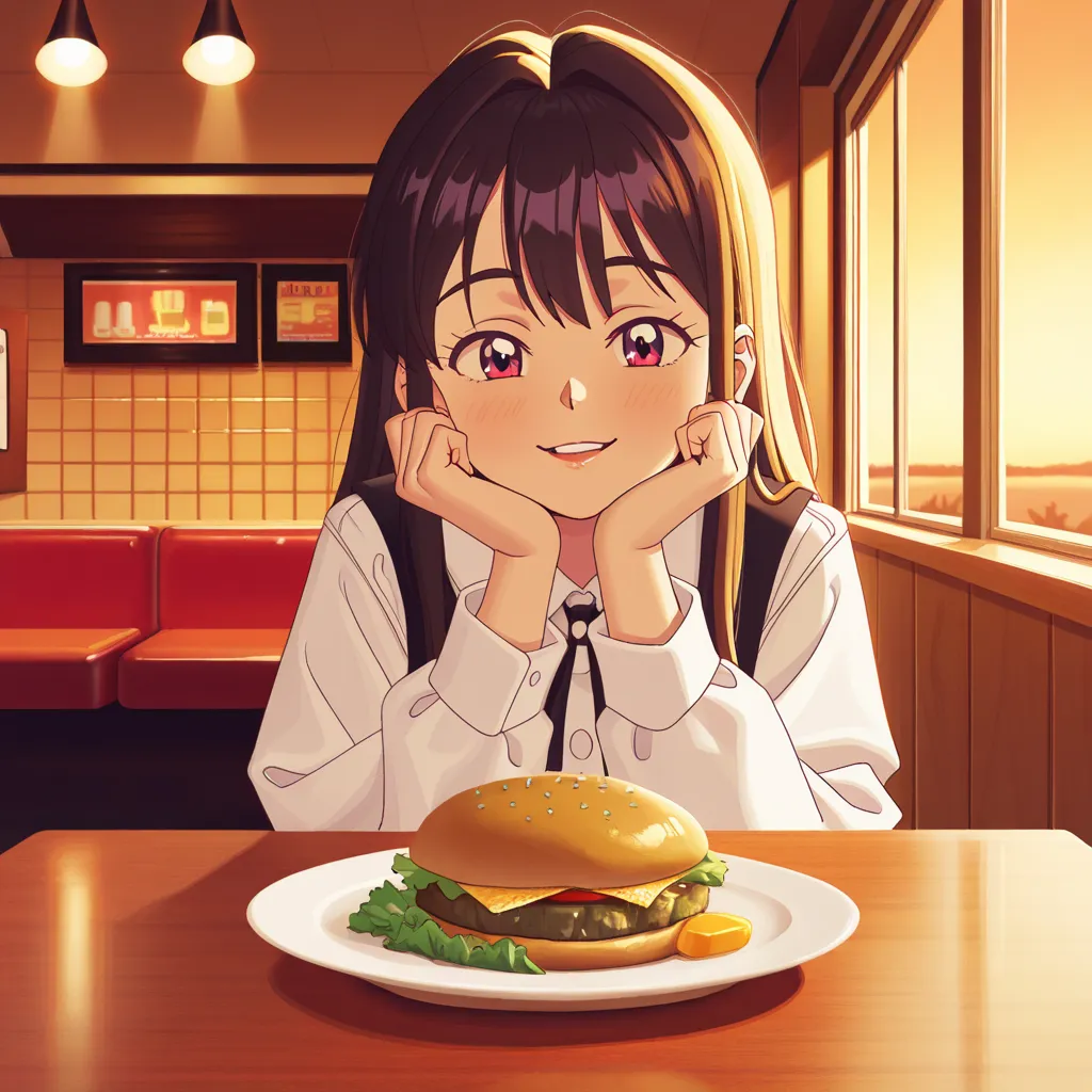 A girl, hamburgers