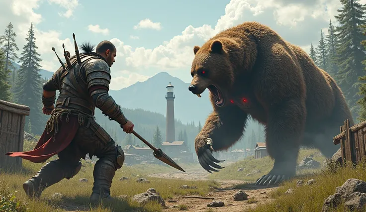 "A fierce battle between a warrior and a massive mutated bear in a post-apocalyptic forest. The warrior, wearing tribal-style armor with metal reinforcements, is holding a long spear, ready to strike. The mutated bear, with glowing red eyes and battle scar...