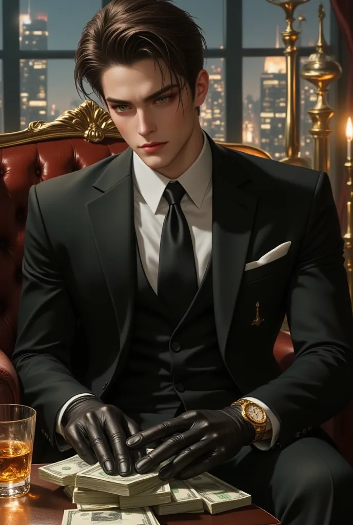 A composed and powerful figure with sleek, well-groomed dark brown hair and piercing green eyes. Dressed in a luxurious three-piece suit with a gold watch and leather gloves. Sits confidently in an opulent lounge, counting stacks of money with a glass of w...