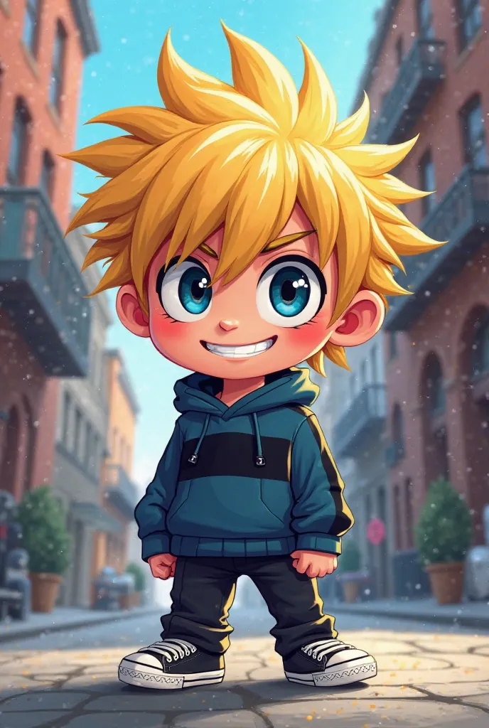 Chibi: Loudmouth ruffian with blonde flippy bangs, dark blue eyes, dark blue sweater with black stripe, black pants and black sneakers.