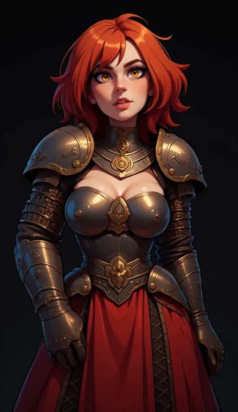 cflxcrtn3, best quality, 4k, extremely detailed, masterpiece, (((paladin girl))), middle length chaotic haircut, red hair, shaggy hair (dark gold plate mail, chain mail, armored gauntlets, red skirt, pelvic curtain), slim waist, thicc hips, (Scarlett Johan...