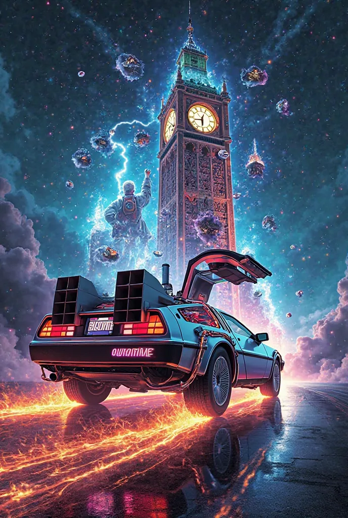 'Back to the Future' poster reimagined in a fragmented surrealist style with neon accents. The DeLorean appears decomposed into floating fragments, each part outlined in neon lights (Cyan Shades , magenta and green). Marty McFly is shown with parts of his ...