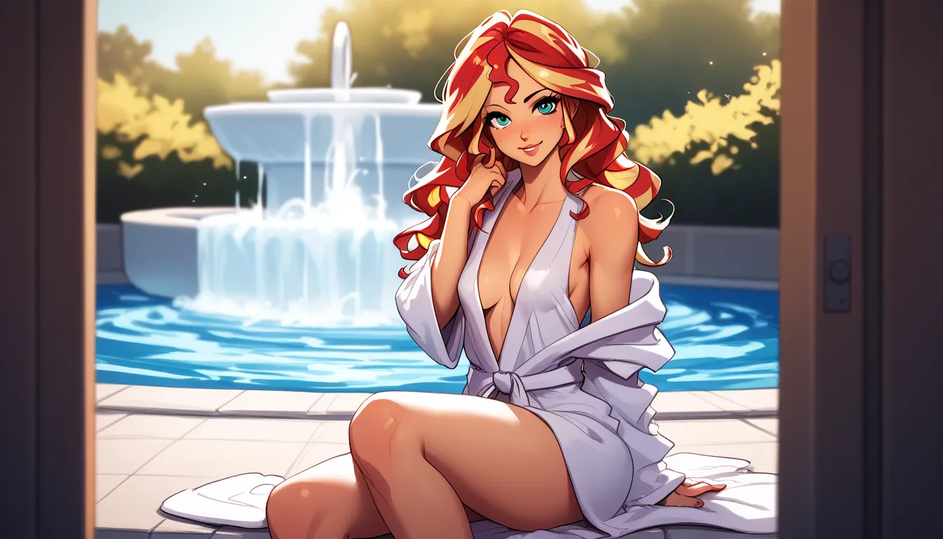 Sunset shimmer, wavy hair, in a public park, wearing a short robe, white bathrobe, facing camera, cleavage, small breasts, robe off shoulders, bare shoulders, bare legs, teasing, in front of a fountain, sexy pose, posing for camera, very detailed, vibrant ...