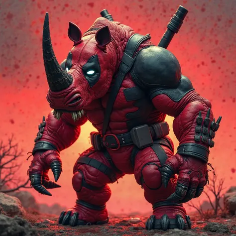 **Deadpool-Rhino Hybrid:** A bizarre yet terrifying fusion of Deadpool and a rhinoceros, his iconic red and black suit merged with thick, rhino-like skin. A massive horn juts out, and his glowing white eyes radiate mischief and menace. His razor-sharp claw...