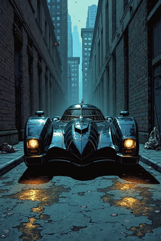 Jason rounds a corner, his eyes wide in shock as he sees the Batmobile parked in the alley, its sleek black armor glowing faintly under the streetlights. comic style