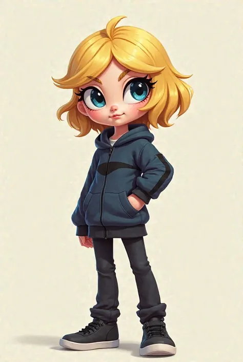 Powerpuff Girl with blonde flippy bangs, dark blue eyes, dark blue sweater with black stripe, black pants and black sneakers.