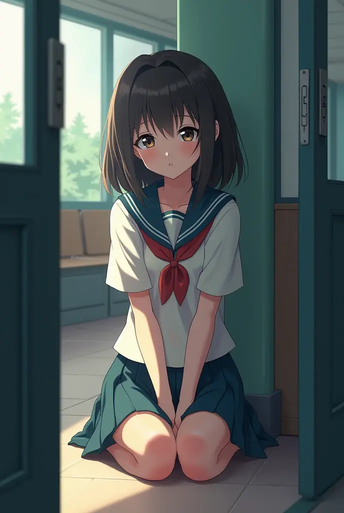 Anime girl waiting to use the bathroom but pees her pants
