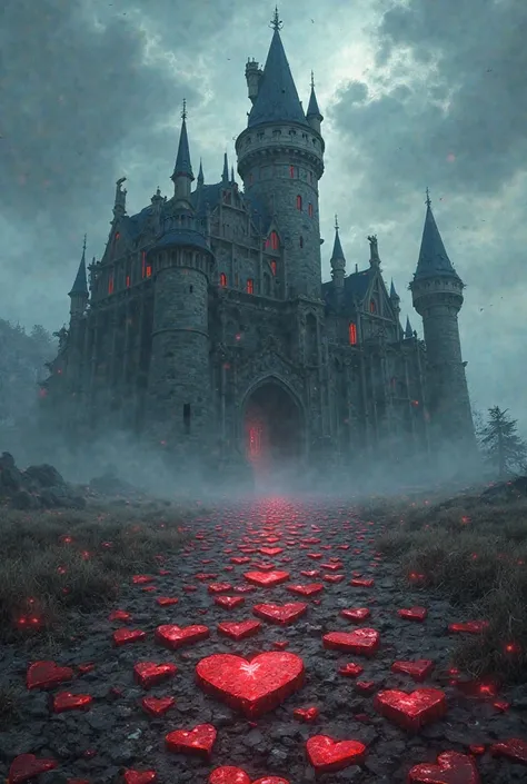 A book cover where a castle is and has broken hearts 