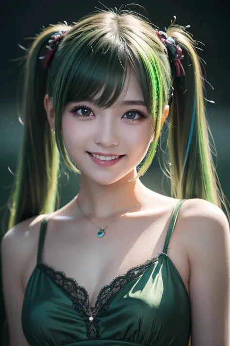  1 girl, Alone,  hair ornament,  green hair,  twin tails,  long hair,  dress, water,, Mid-range portrait photography  ,,  Dark Fantasy Backdrop , Charming grin.,  ultra-realistic and highly detailed intricate photorealistic analog style、Sharp focus of the ...