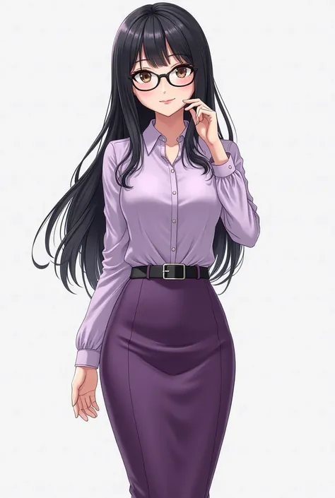 Anime Girl wearing a purple pencil skirt, a tucked in light purple shirt with buttons, she has a black belt, black high heel shoes, round glasses and long black hair