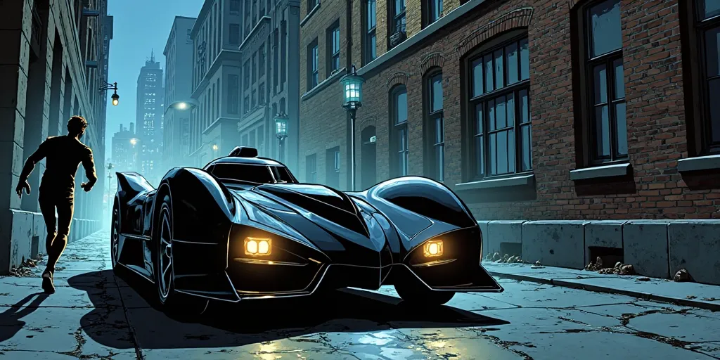 Jason rounds a corner, his eyes wide in shock as he sees the Batmobile parked in the alley, its sleek black armor glowing faintly under the streetlights. comic style