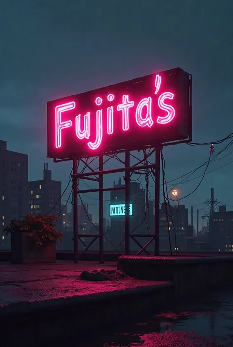 Rooftop "Fujita's" sign building, in pink neon with 1950 font, in the creepy night. 