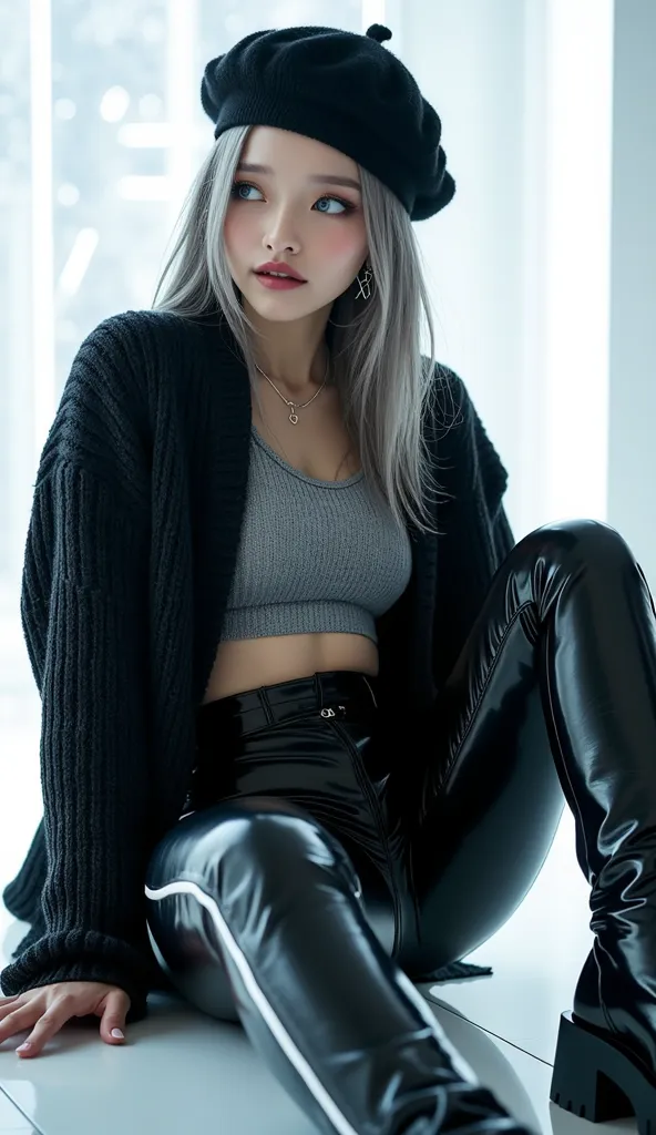 A vibrant fusion of futurism and monochrome minimalism featuring a 20-year-old cute Japanese model with an hourglass figure, a very slender waist, and a tiny head with long gray hair and large blue eyes. She wears a black oversized knit sweater with a loos...